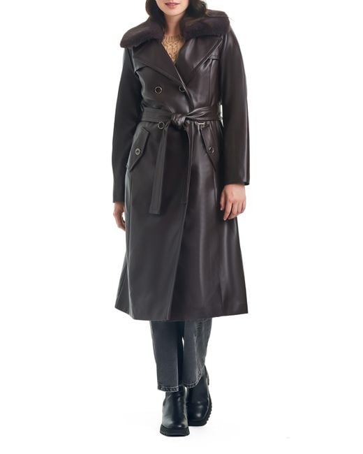 Vince Camuto Black Faux Leather Trench Coat With Removable Faux Fur Collar