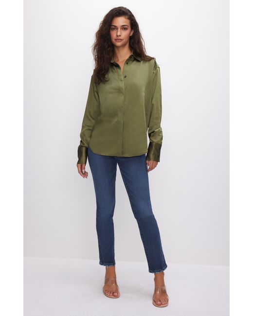 GOOD AMERICAN Green Washed Satin Button-up Shirt