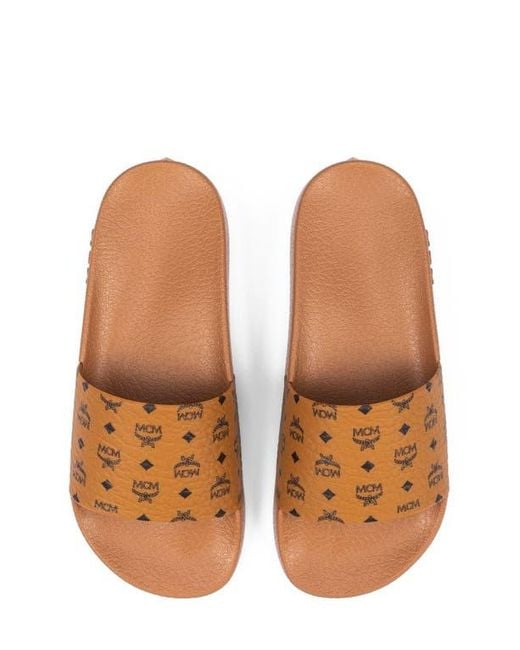 MCM Brown Monogram Print Rubber Slides for men