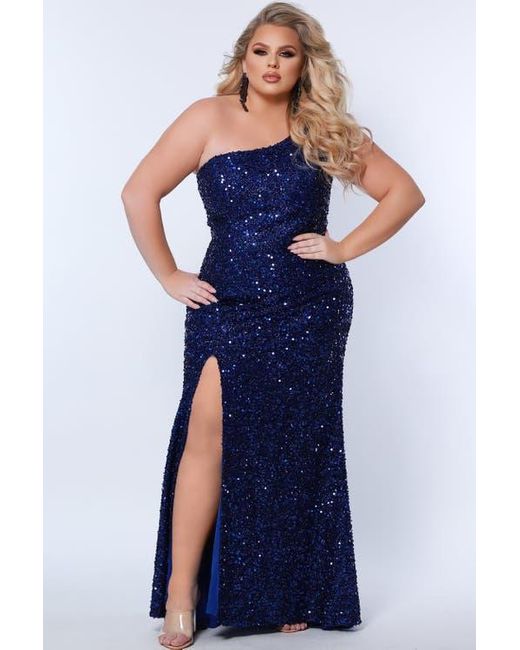 Sydney's Closet Blue One-Shoulder Sequin Plus Size Evening Gown