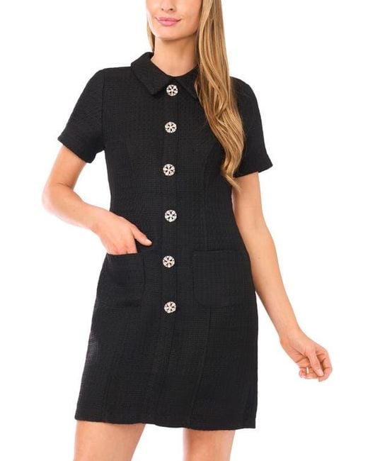 Cece Black Rhinestone Button Bouclé Minidress
