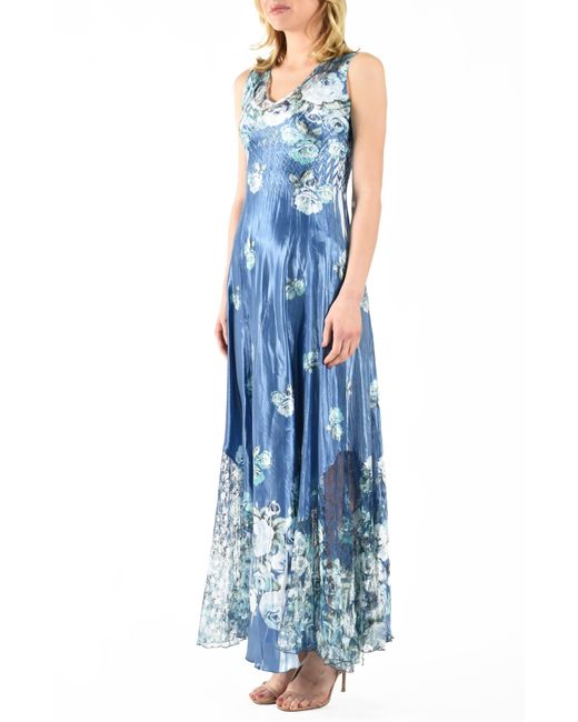 Komarov Blue Floral Lace-up Charmeuse Maxi Dress