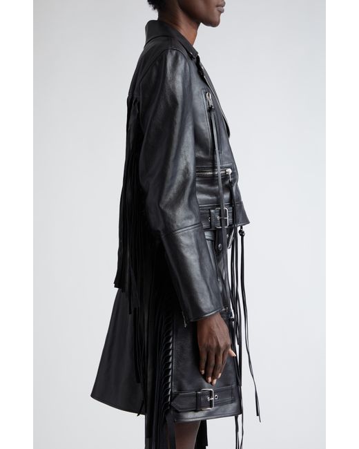 Alexander McQueen Black Fringe Trim Leather Biker Jacket