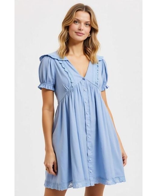 Modenaire Blue Button-Front Puff Sleeve Lace Trim Ruffle Detail Mini Dress