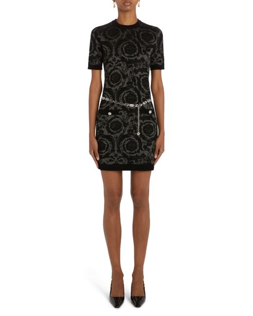 Versace Black Barocco Silhouette Chenille Jacquard Sweater Dress