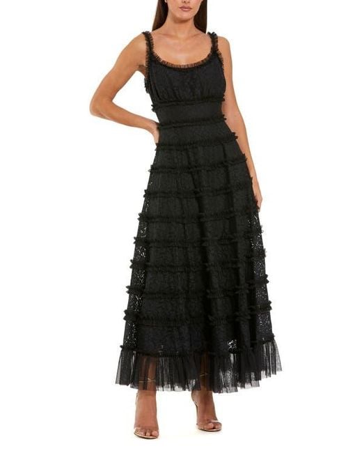 Mac Duggal Black Sleeveless Lace A-Line Midi Dress With Ruffles