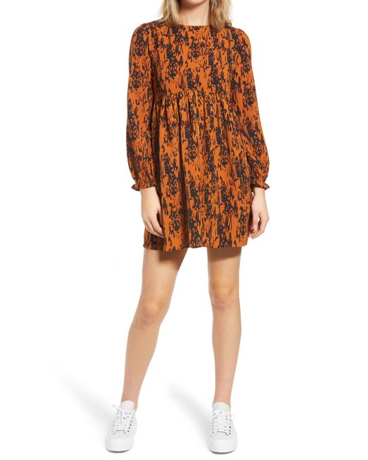 BP. Orange Print Shirred Long Sleeve Dress