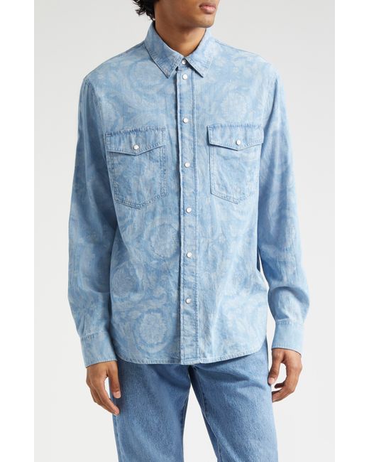 Versace Blue Baroque Cotton Chambray Snap-up Shirt for men