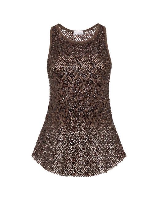 Brunello Cucinelli Brown Dazzling Net Embroidery Top