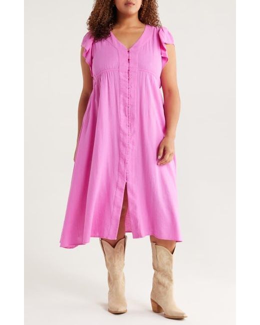 Treasure & Bond Pink Short Sleeve Button Down Linen Blend Midi Dress