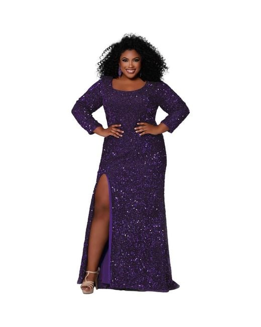 Sydney's Closet Women's Purple Long Sleeve Fitted Scoop Neck Sequin Plus  Size Gown