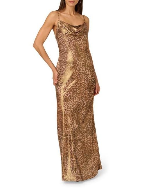 Adrianna Papell Brown Foiled Leopard Print Chiffon A-Line Dress