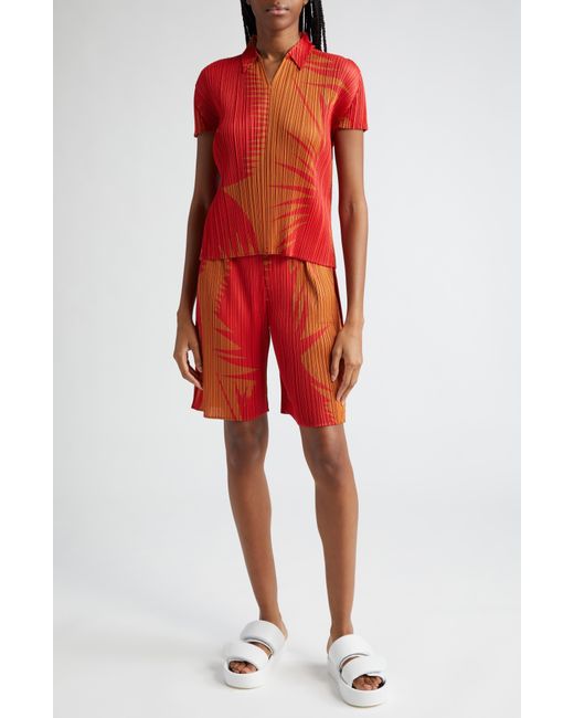 Pleats Please Issey Miyake Red Piquant Print Pleated Shorts
