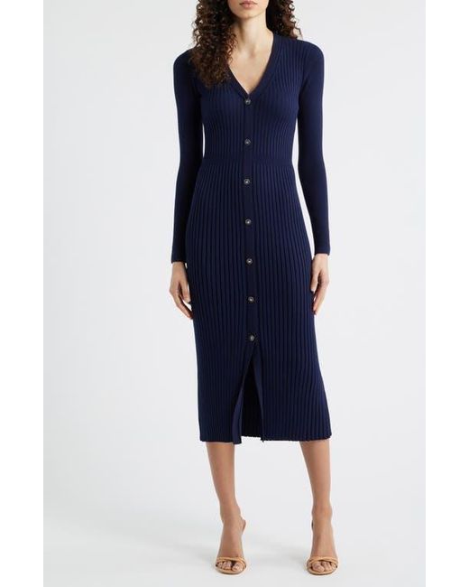 Tahari Women's Blue The Monroe Long Sleeve Rib Midi Sweater Dress