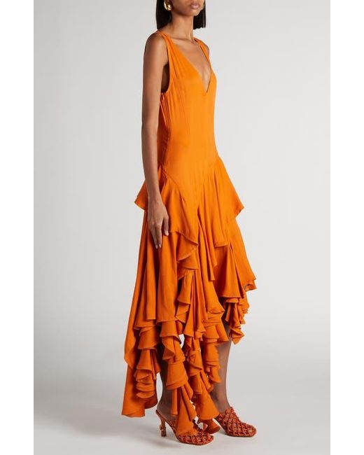 Bottega Veneta Asymmetric Tiered Ruffle Dress in Orange | Lyst