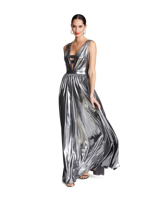 Halston Heritage Gray Titania Foil Jersey Sleeveless Gown