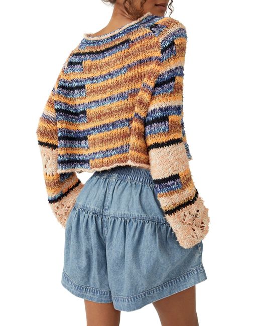 Free People Blue Butterfly Mixed Stripe Cotton Blend Sweater