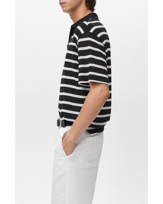 Mango Black Textured Stripe Johnny Collar Polo for men