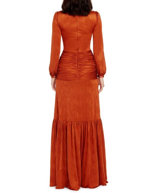 Dress the Population Orange Lucille Pleated Ruched Long Sleeve Gown