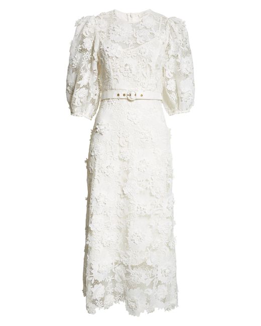 Zimmermann White Halliday Floral Belted Lace Midi Dress