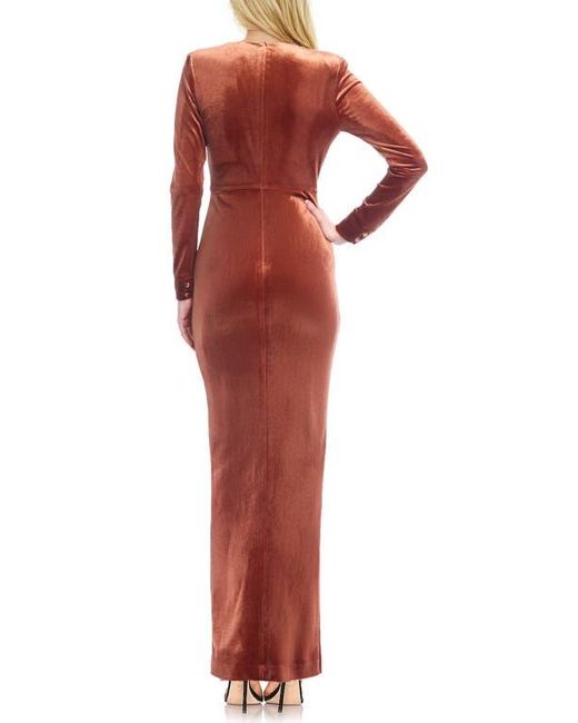 Badgley Mischka Red Twist Detail Long Sleeve Stretch Velvet Gown