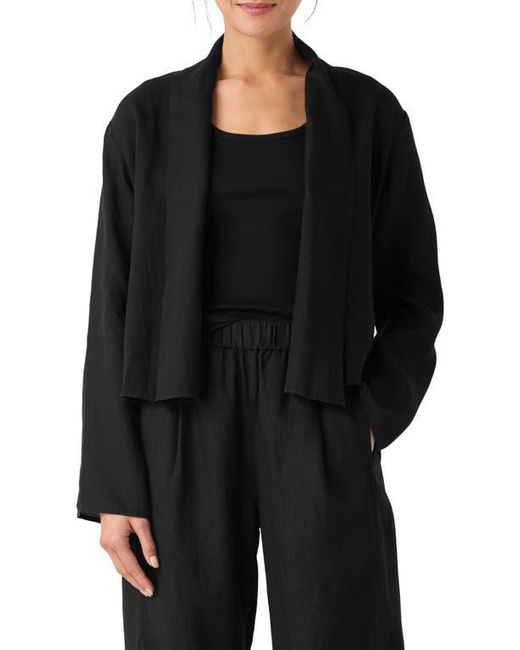 Eileen Fisher Black Shawl Collar Open Front Organic Linen Jacket