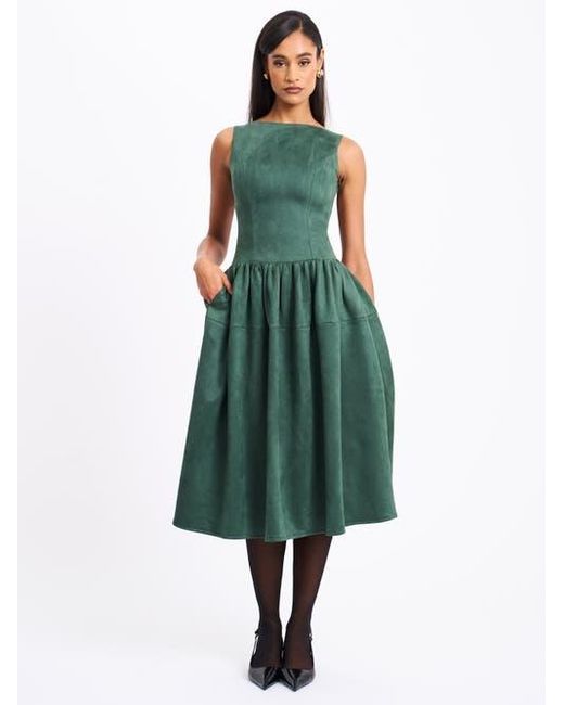 Miss Circle Green Laila Suede Boat Neck Backless Midi Dress