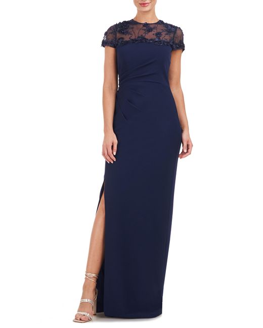 JS Collections Blue Laney Rosette Embroidered Mesh Yoke Sheath Gown