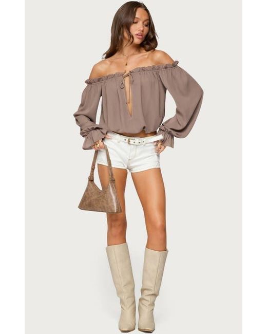 Edikted Brown Juna Off The Shoulder Ruffle Chiffon Top
