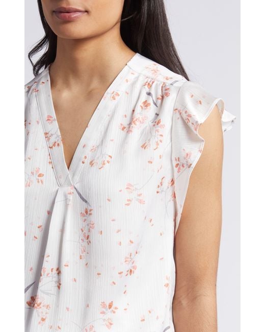 Vince Camuto White Floral Ruffle Cap Sleeve Top