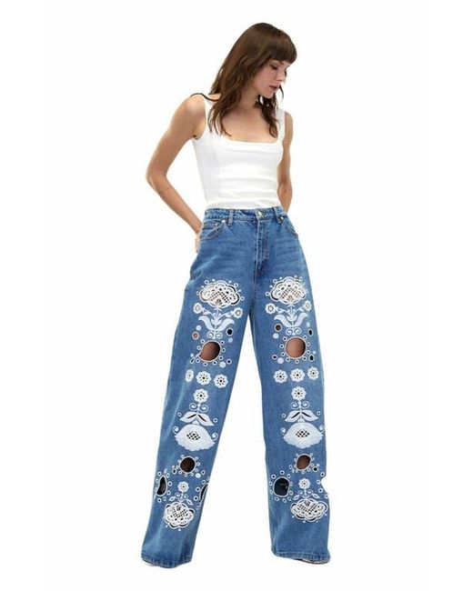 Cynthia Rowley Blue Embroidered Wide-Leg Jean