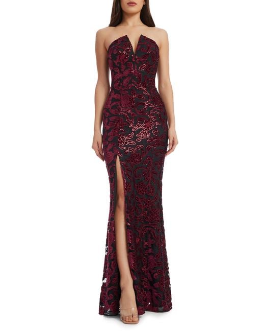 Dress the Population Red Fernanda Floral Sequin Strapless Evening Gown