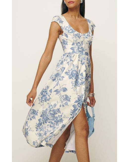 Reformation Blue Florrie Floral Cotton Midi Dress
