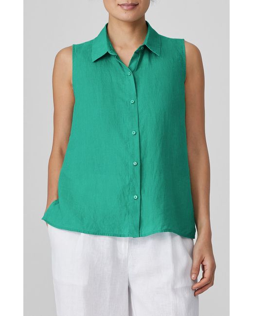 Eileen Fisher Green Classic Sleeveless Organic Linen Button-up Shirt