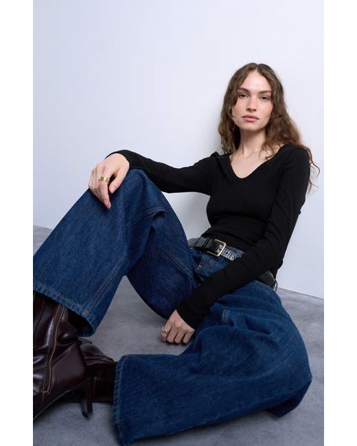 TOPSHOP Black Double V-Neck Long Sleeve Stretch Cotton Rib Top