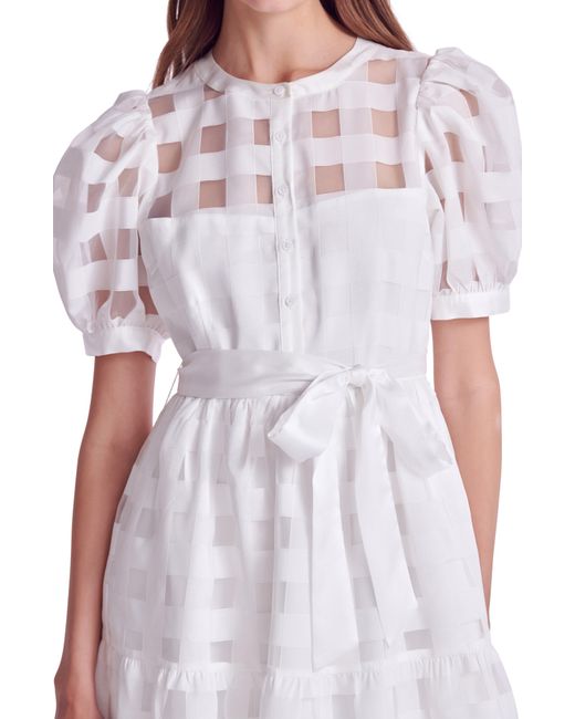 English Factory White Check Puff Sleeve Belted Shirtdress