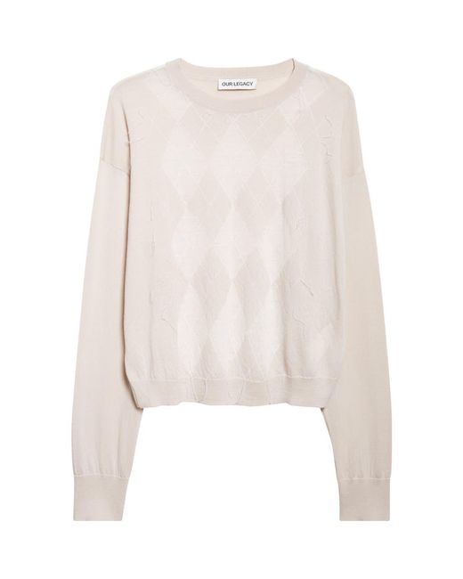 Our Legacy White Sonar Distressed Argyle Plaid Wool Sweater for men