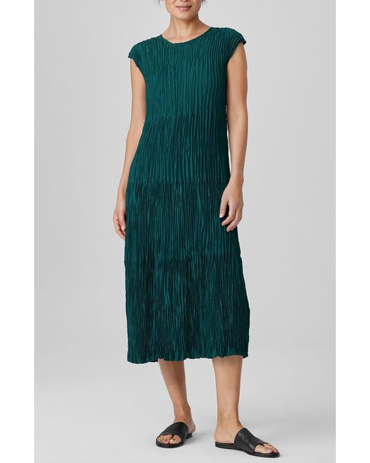 Eileen Fisher Green Pleated Tiered Silk Midi Dress