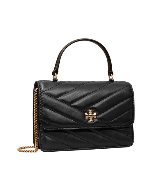 Tory Burch Black Mini Kira Chevron Quilted Leather Top Handle Wallet On A Chain