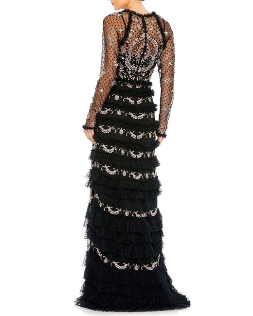 Mac Duggal Black Floral Embroidered Mesh Long Sleeve Column Gown