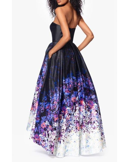 Betsy & Adam Purple Ombré Floral Strapless High Low Ball Gown