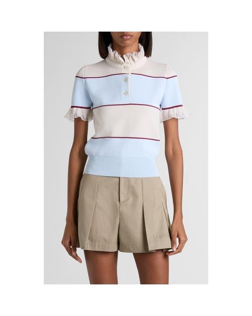 Alexander McQueen Blue Lace Ruffle Stripe Polo