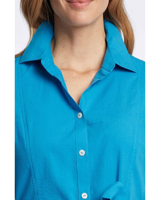 Foxcroft Blue Fiona Tie Waist Seersucker Shirtdress