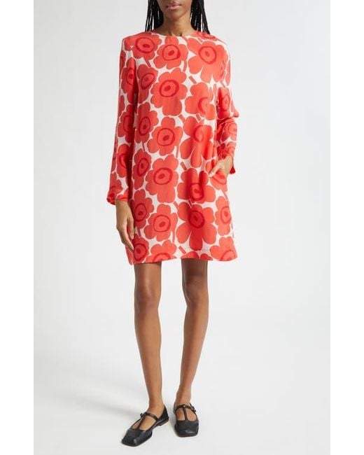 marimekko red dress Vintage 70s Marimekko Shirt Dress Pockets Belted Red Cotton Dress 3/4th Sleeve Button Down Scandinavian Finnish Design Size EU 40 M Medium