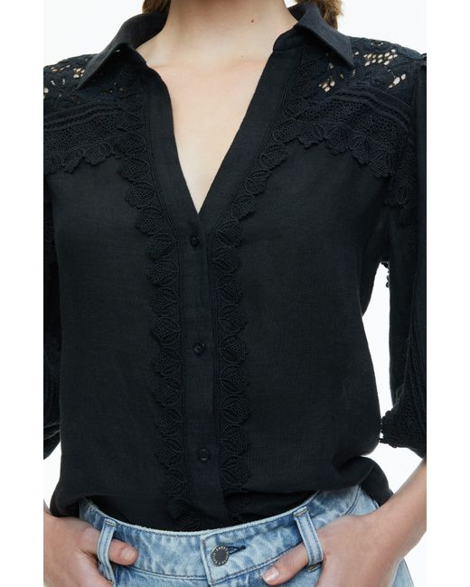 Alice + Olivia Black Alice + Olivia Venty Lace Detail Linen Button-up Shirt
