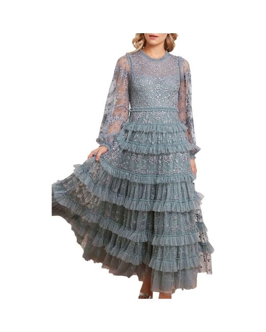 Needle & Thread Gray Blossom Long Sleeve Lace Ankle Gown