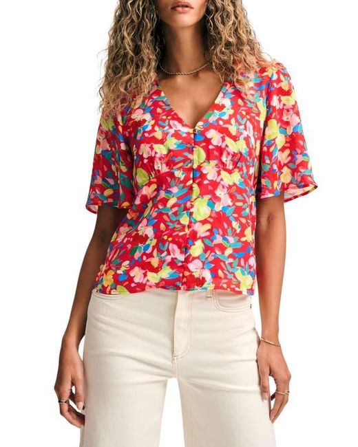 Isaac Mizrahi New York Red Floral Flutter Sleeve Button-Up Top
