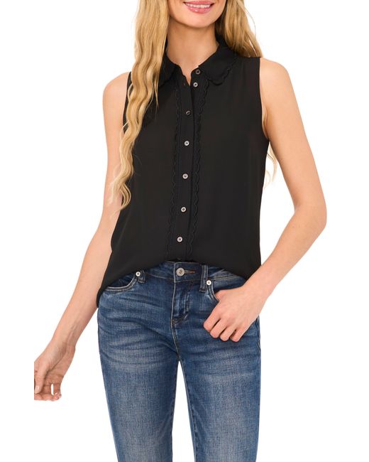 Cece Black Scallop Detail Sleeveless Button-up Shirt