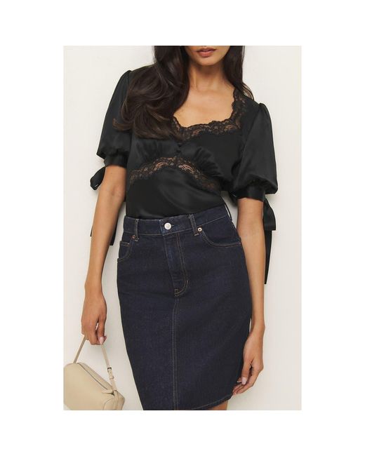 Reformation Black Dolly Lace Trim Silk Charmeuse Top