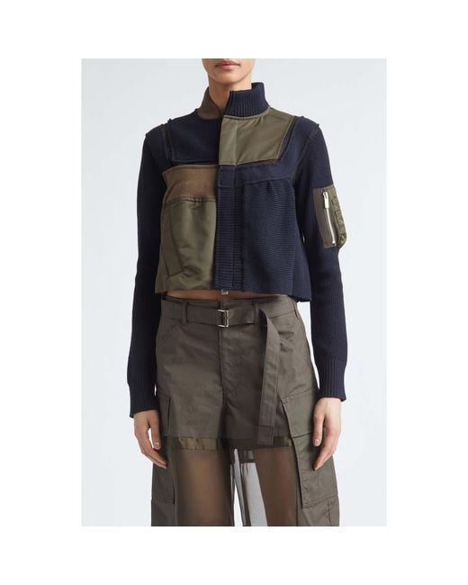 Sacai Black Patchwork Mixed Media Crop Jacket